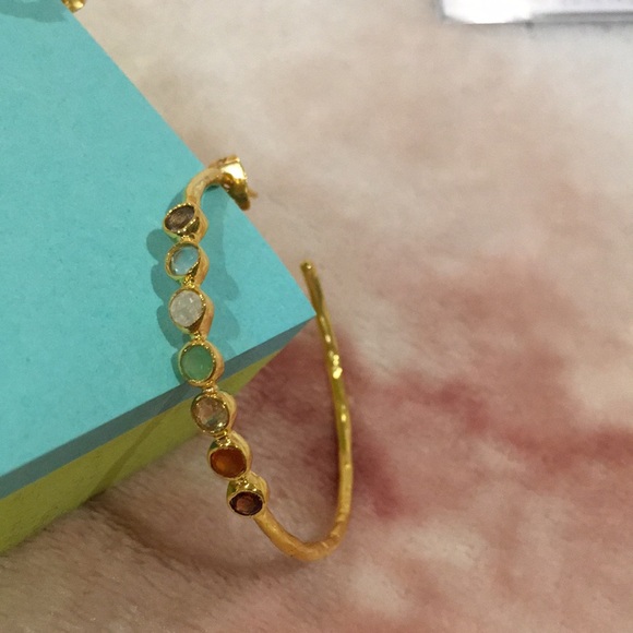 Shaanti Natural Gemstone Encrusted Hoop Earrings Gold Toned Alloy NWT 1.75” hoop - Picture 6 of 11